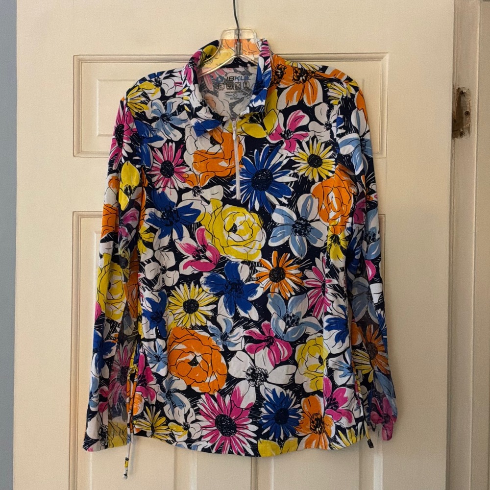 IBKUL Womens Floral IceFil Quarter Zip Sun Shirt Active Golf Top UPF 50+ Large